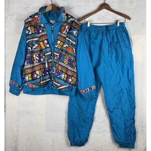 VTG Lavon tracksuit Womens L Windbreaker Turquoise Aztec Southwestern 80s 90s‎